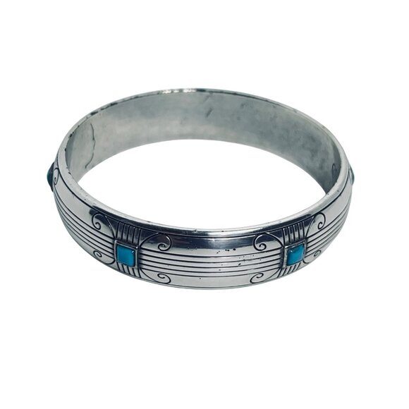 Brighton Silver Tone And Faux Turquois Wide Bangle Bracelet (5939-1-2-3) - Picture 3 of 5